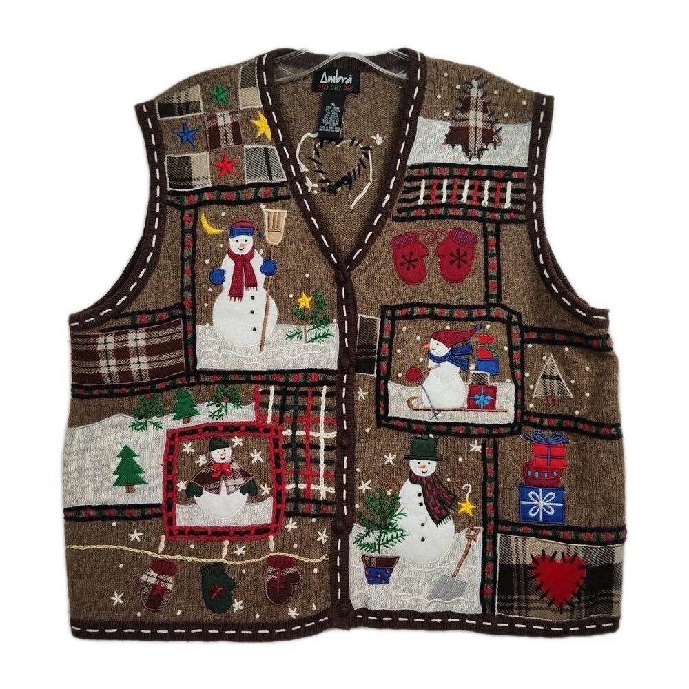 Ambra Ho Ho Ho Button-Up Christmas Vest Women's XL Brown w/‎ Embroidered Snowmen